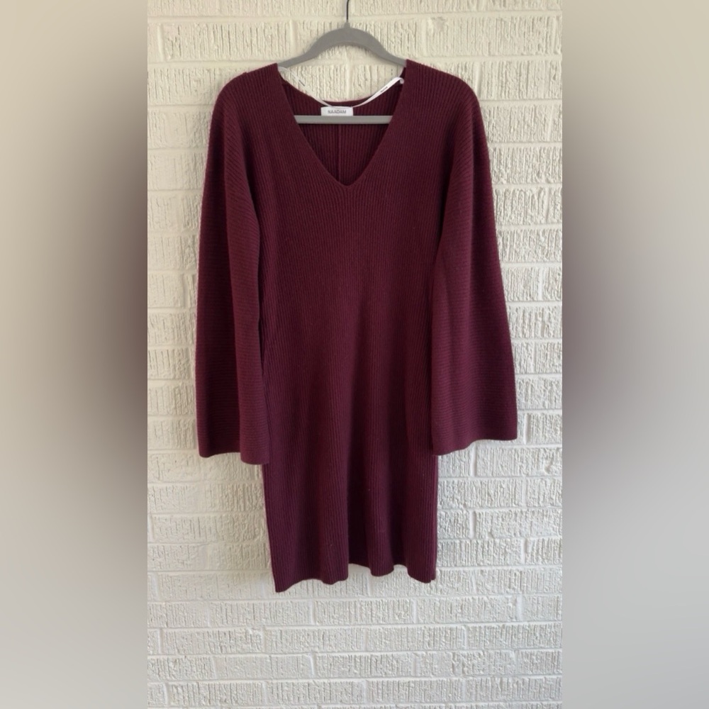 Naadam Burgundy Red Cashmere Blend Ribbed Twist Back Sweater Dress M